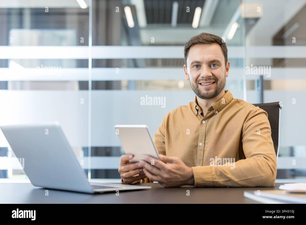 Employees Using Technology Digital transformation and remote work, smiling businessman using ...