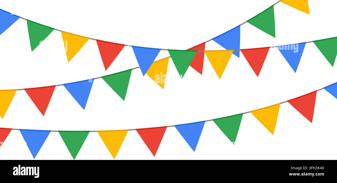 Colorful festive pennant garlands with triangular flags creating cheerful party atmosphere vector illustration background Stock Vector