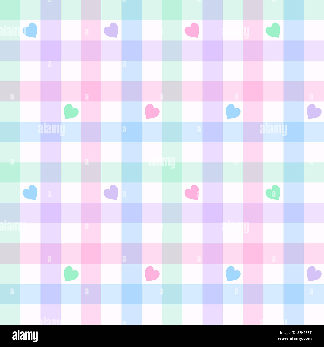 Seamless pastel plaid pattern with hearts. Vector gingham checkered repeating background Stock Vector