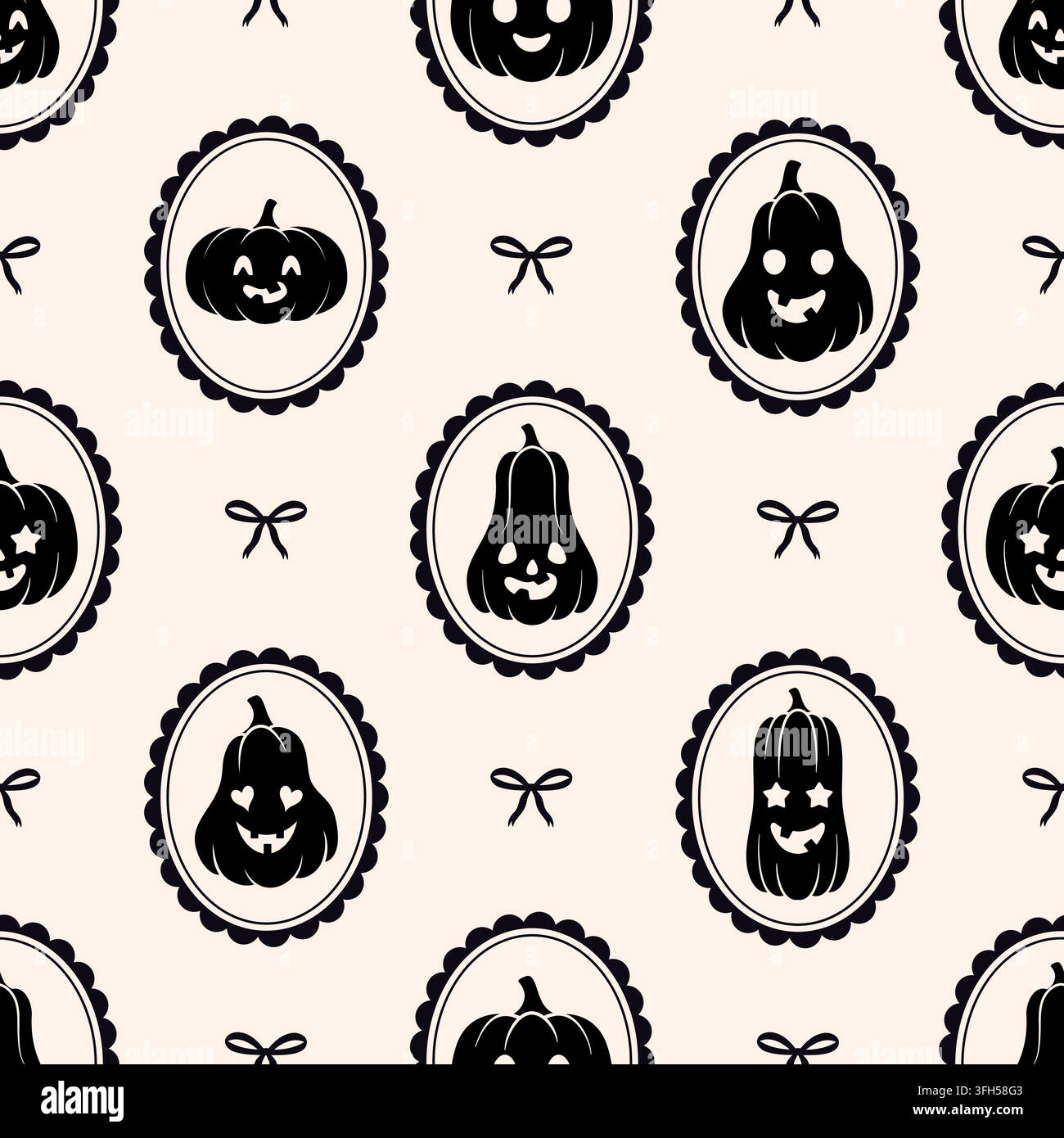 Seamless Halloween pumpkins pattern. Vector repeating background with black jack o lantern frames on cream backdrop. Stock Vector