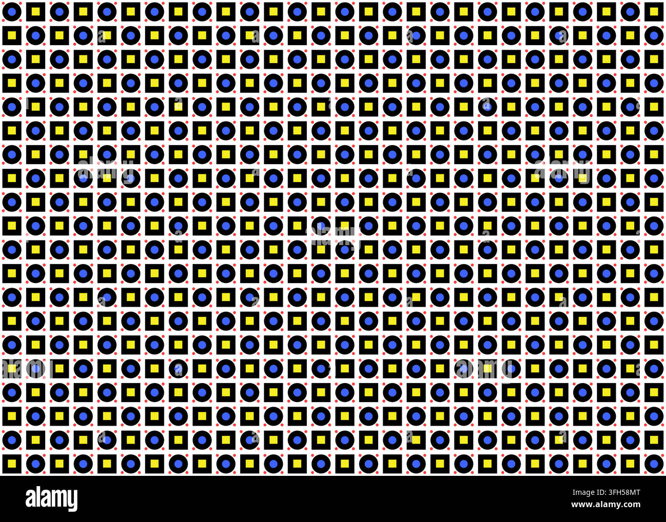 Black geometric seamless pattern with blue circles and yellow squares Stock Vector