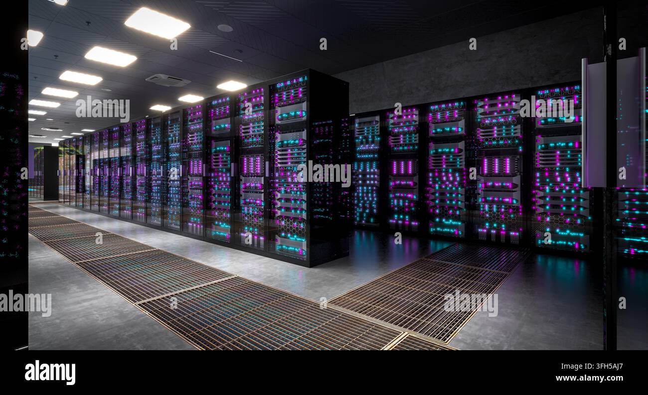 Rows of server racks with glowing lights 3d Stock Photo