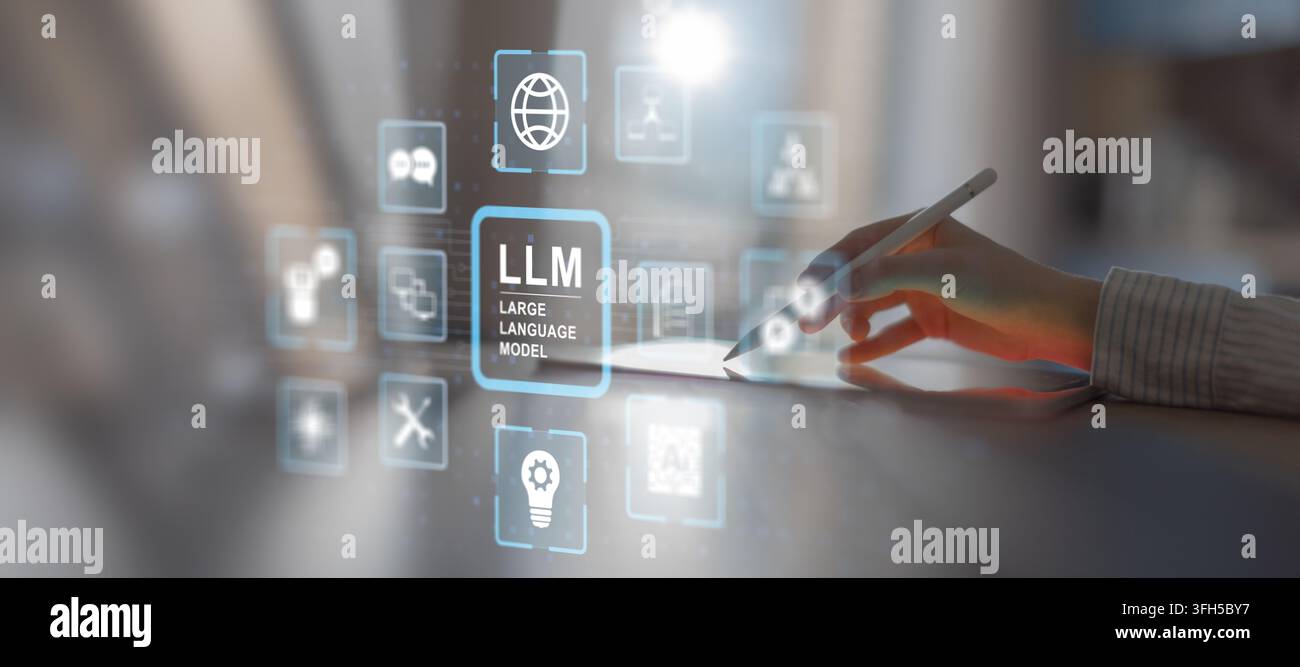 LLM large language model system for AI and natural language processing with interactive digital interface Stock Photo