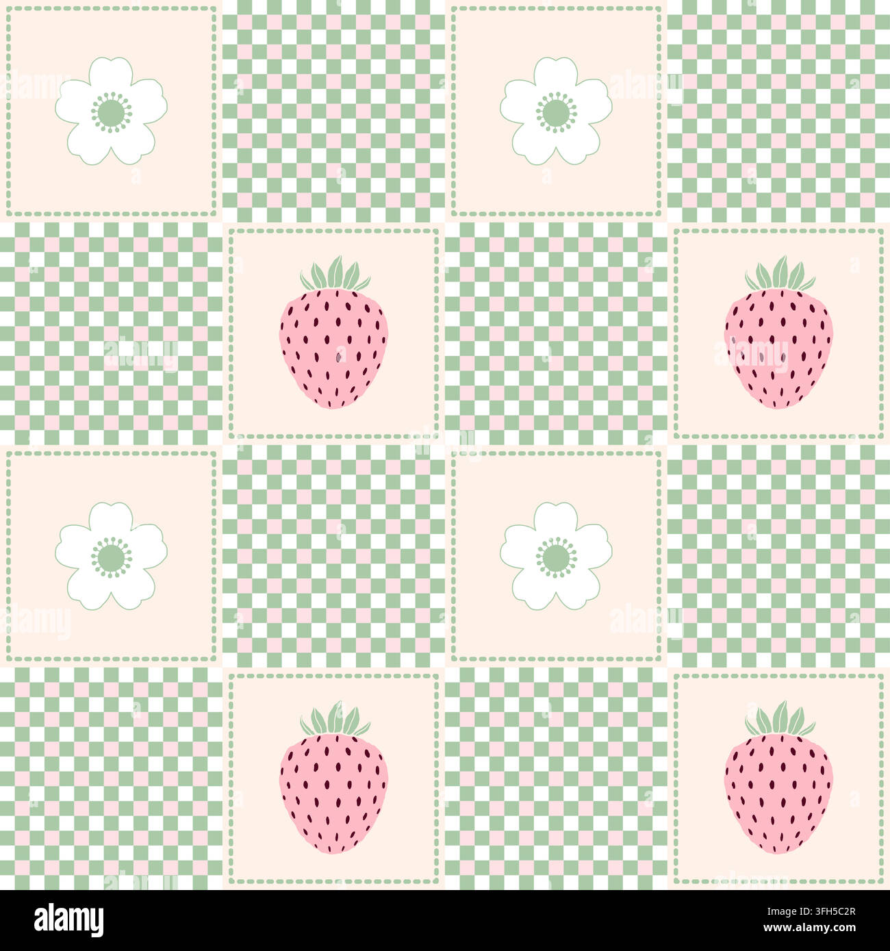 Patchwork seamless pattern with strawberries, flowers and green gingham tiles. Stock Vector