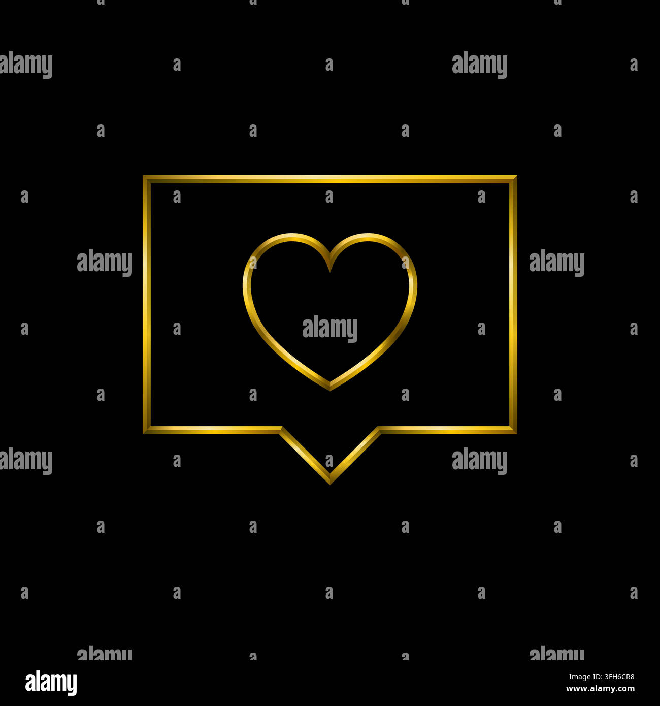 3D golden heart inside speech bubble icon, minimalist metallic style, black background Stock Vector