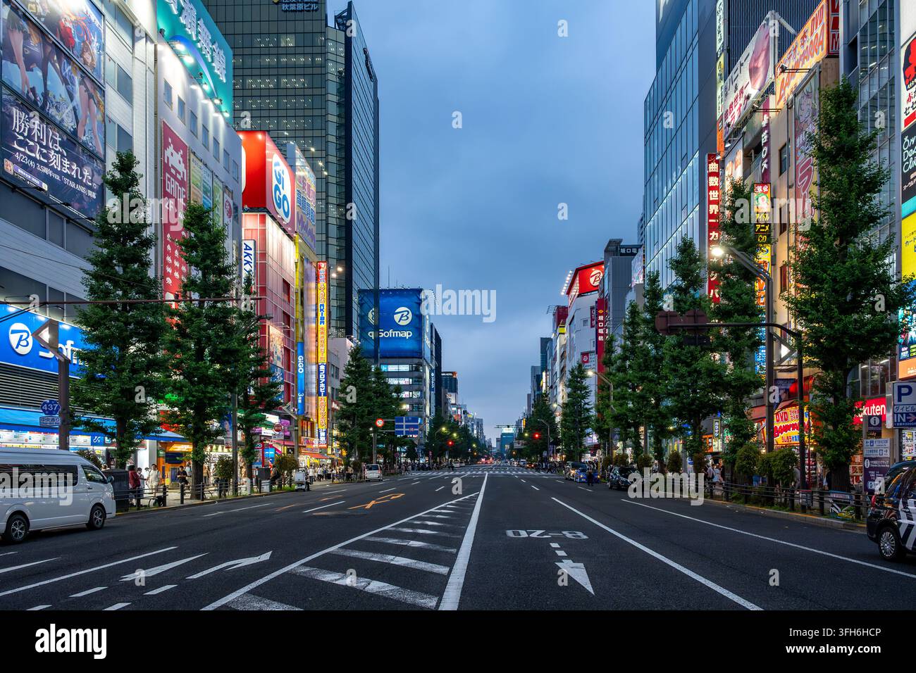 Tokyo, Japan - July 17, 2026: View along Chuo-dori in Akihabara at blue hour, with illuminated electronics, gaming and anime shops lining the famous c Stock Photo