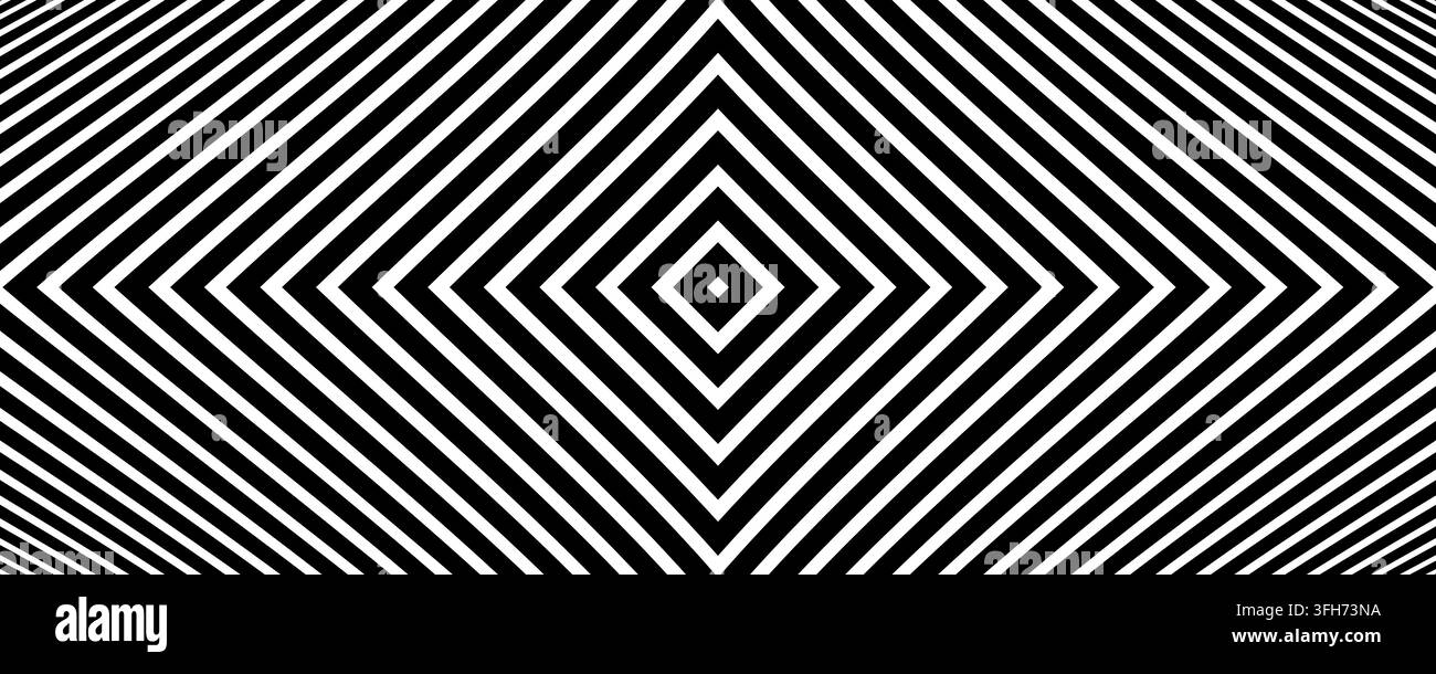 Optical pattern with abstract bent concentric diamond lines in monochrome. Stock Vector