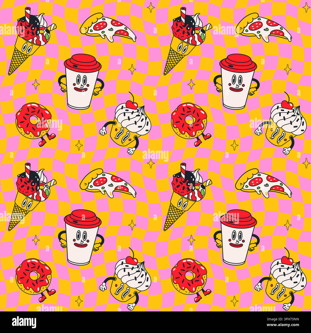 Groovy pattern funky with pizza, coffee and donuts Stock Vector
