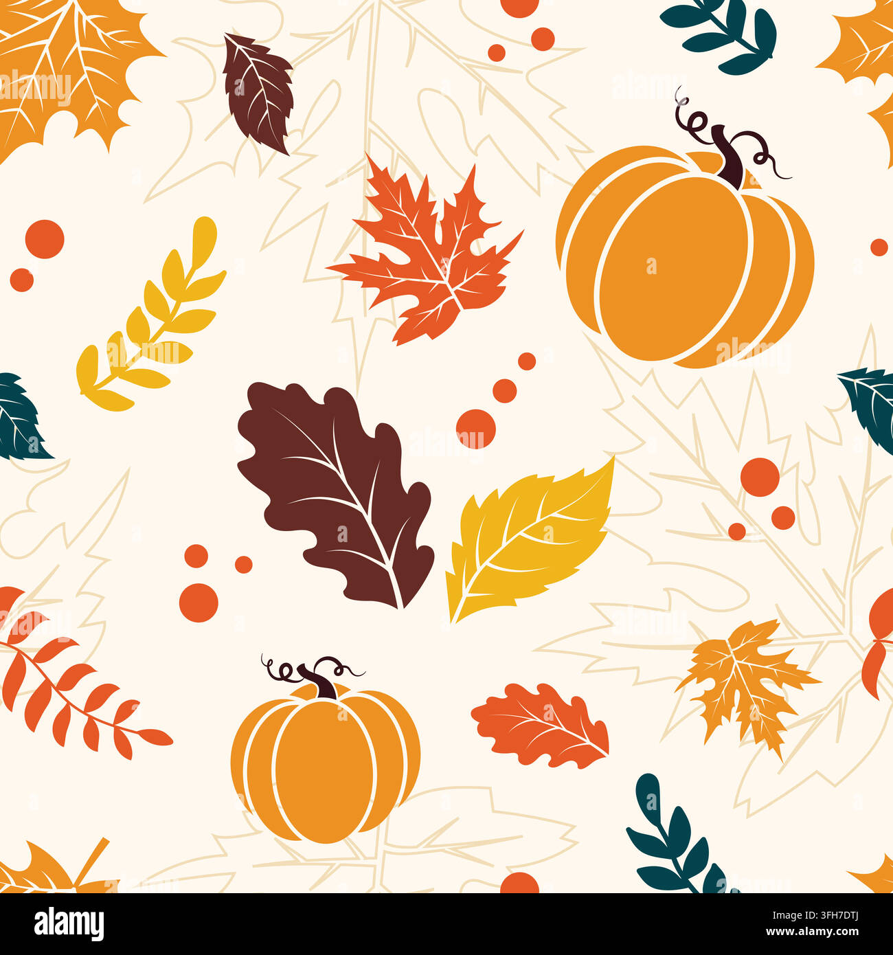 Autumn leaves and pumpkins seamless pattern. Stock Vector