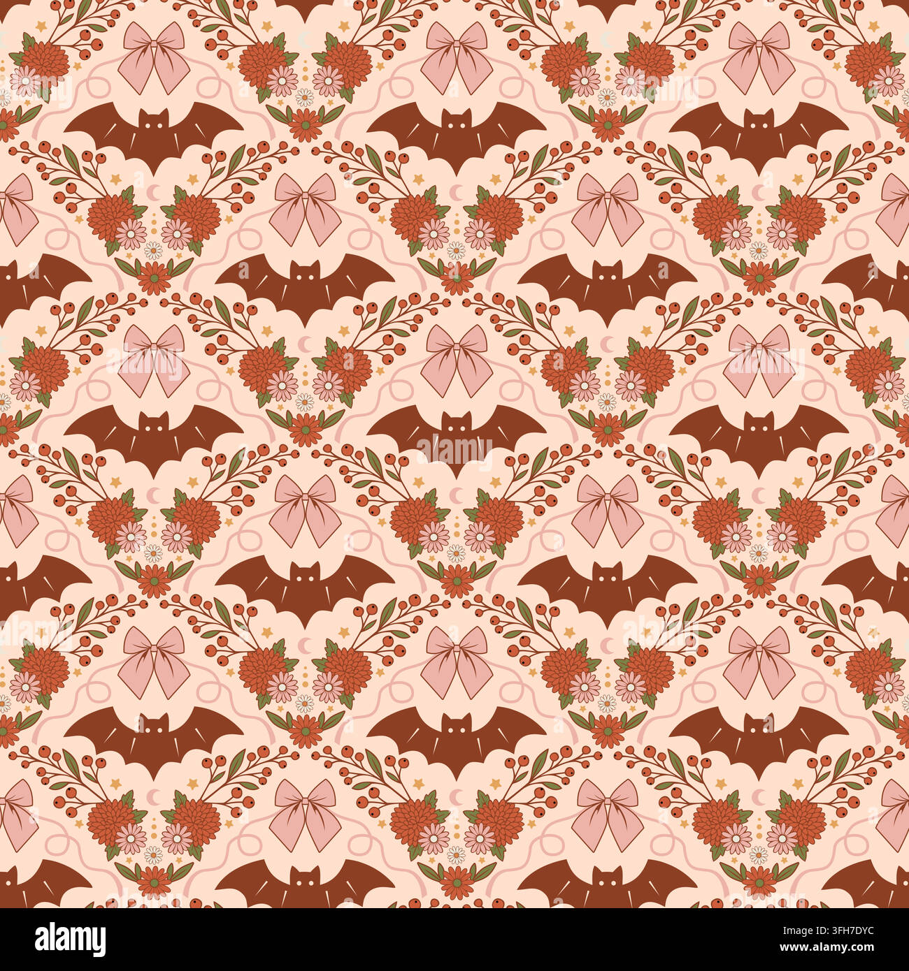 Retro bat and floral Halloween seamless pattern. Stock Vector