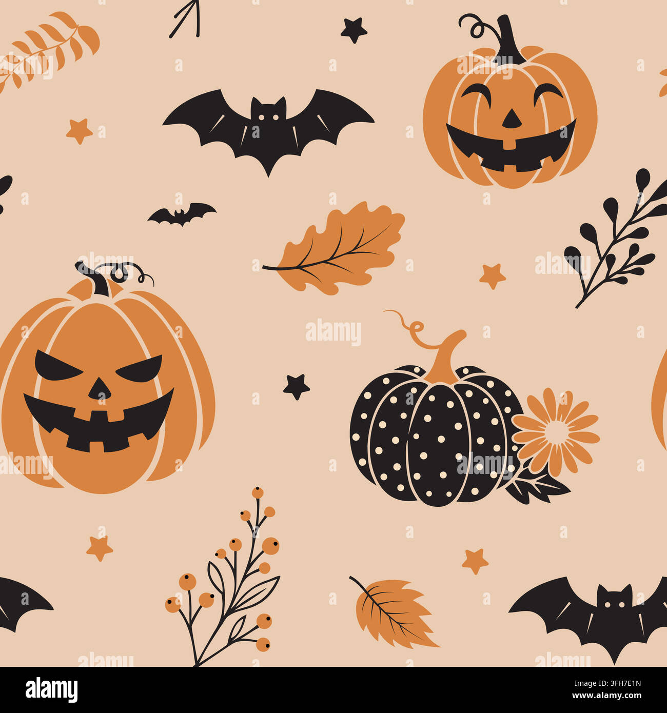 Spooky pumpkin and jack-o-lantern Halloween seamless pattern Stock Vector