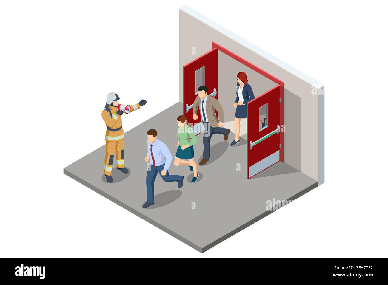 Isometric office evacuation with firefighter directing people through emergency exit Stock Vector