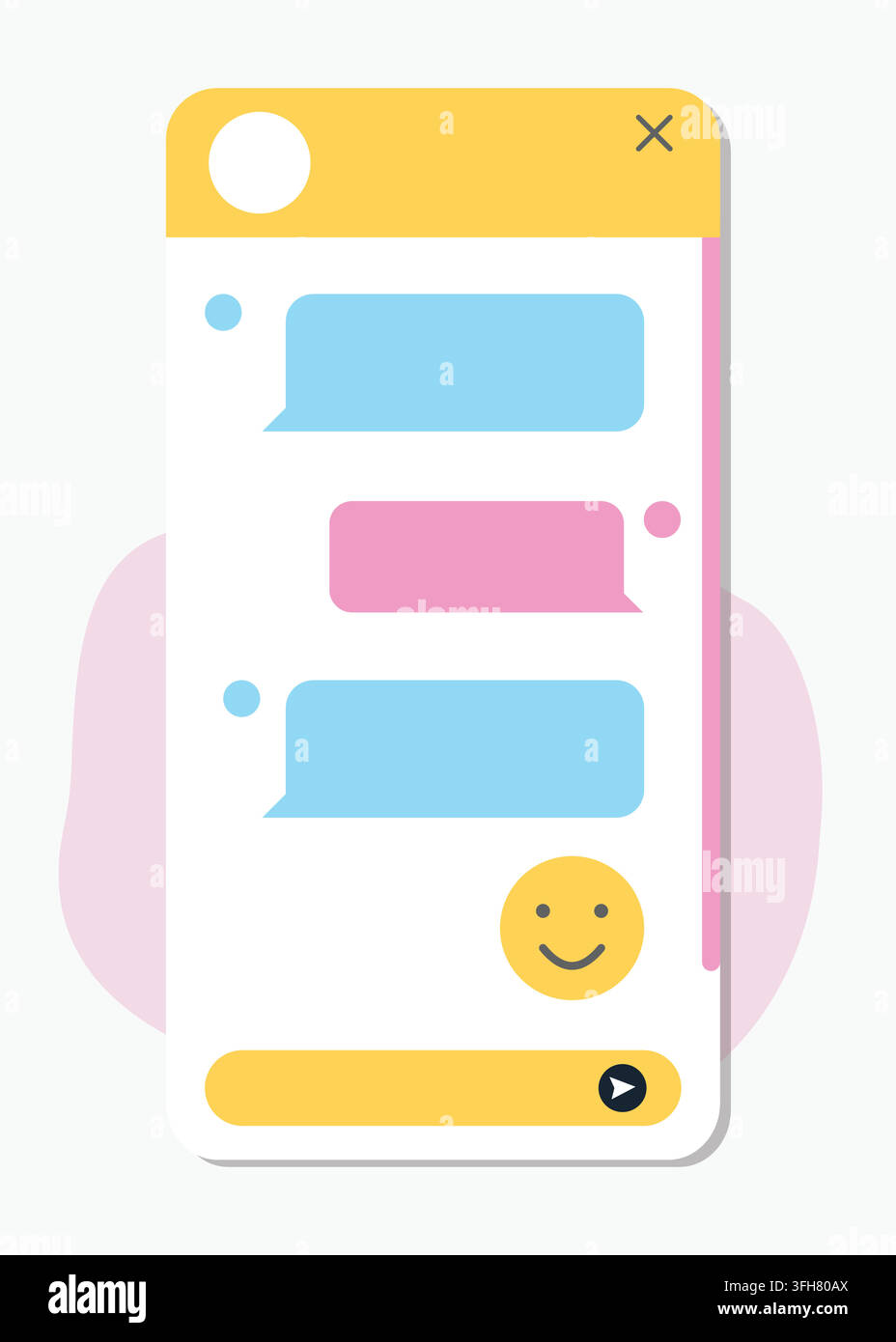 Flat vector illustration of a mobile smartphone screen interface featuring chat speech bubbles, smiley emoji, and input send button. Stock Vector