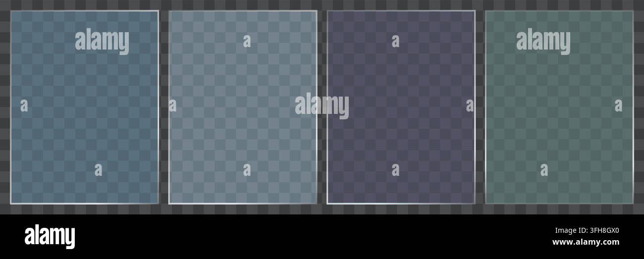 A collection of four rectangular glass panels with subtle reflections and thin frames, presented on a dark transparent grid background. Stock Vector