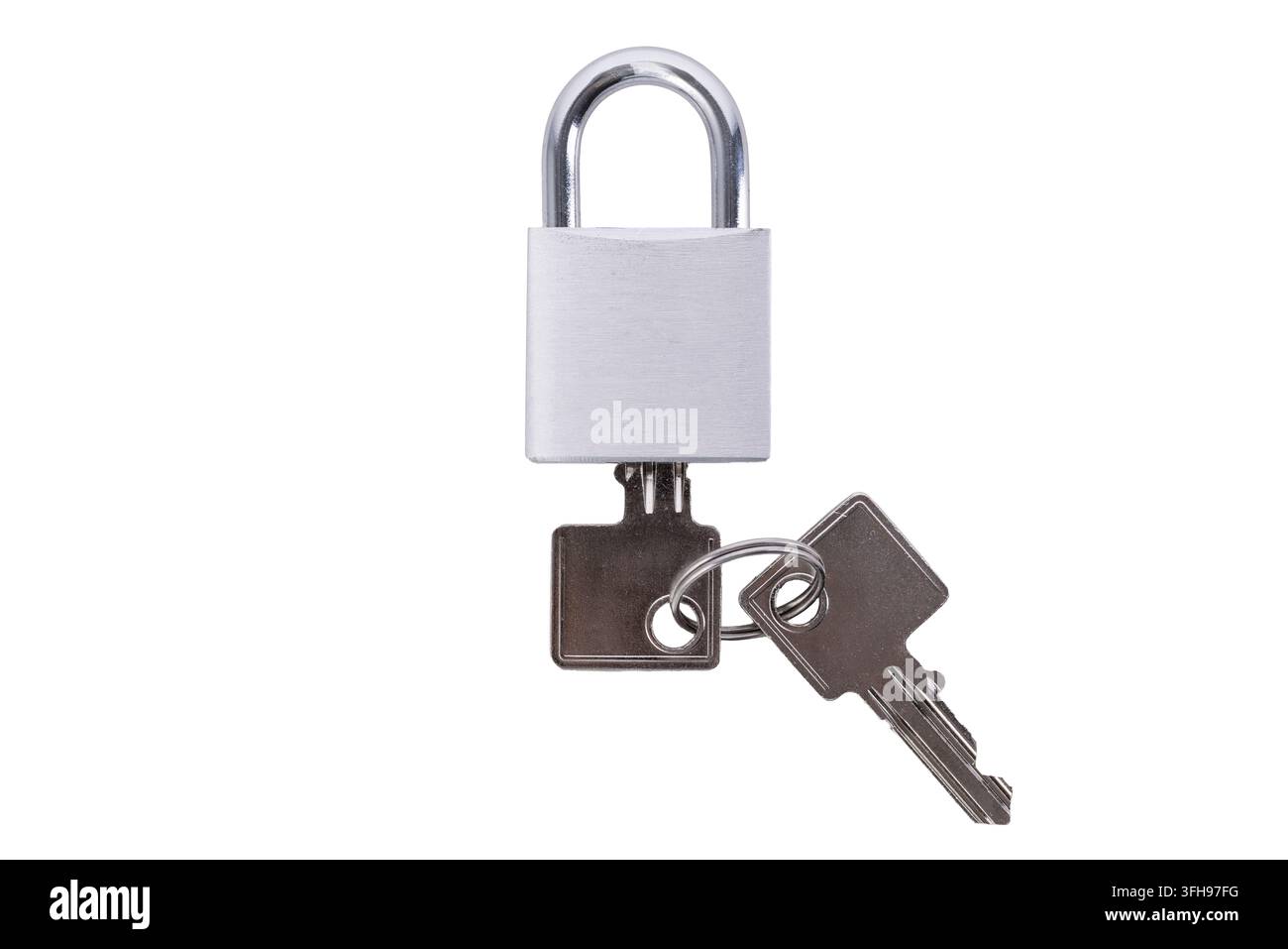 Silver steel padlock with keys inserted isolated on white background Stock Photo