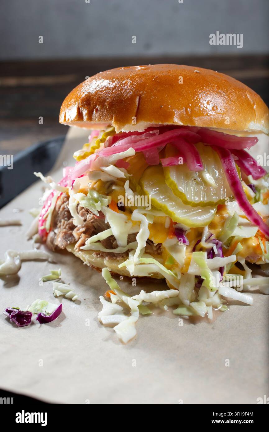 A view of a pulled pork burger. Stock Photo