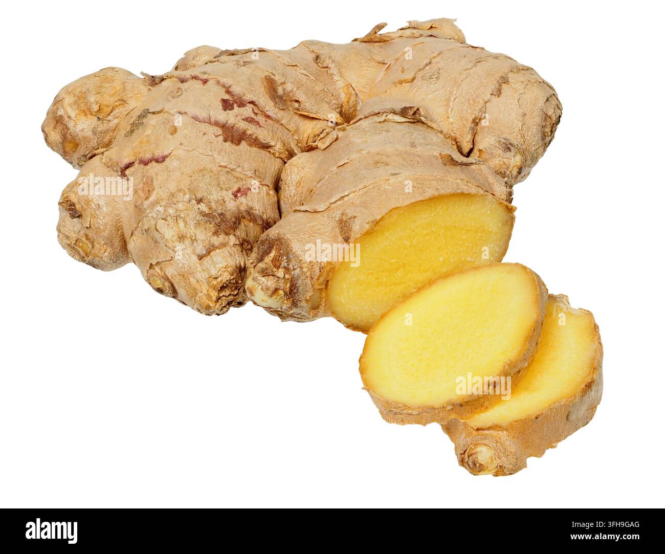 Fresh ginger root with slices isolated on white background Stock Photo