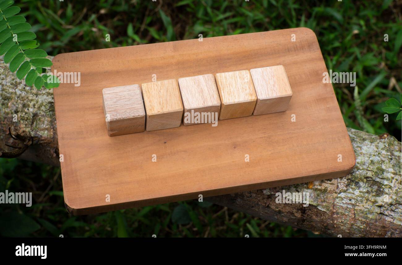 Five Blank Wooden Cubes Aligned on Rustic Wooden Board Business Text Stock Photo