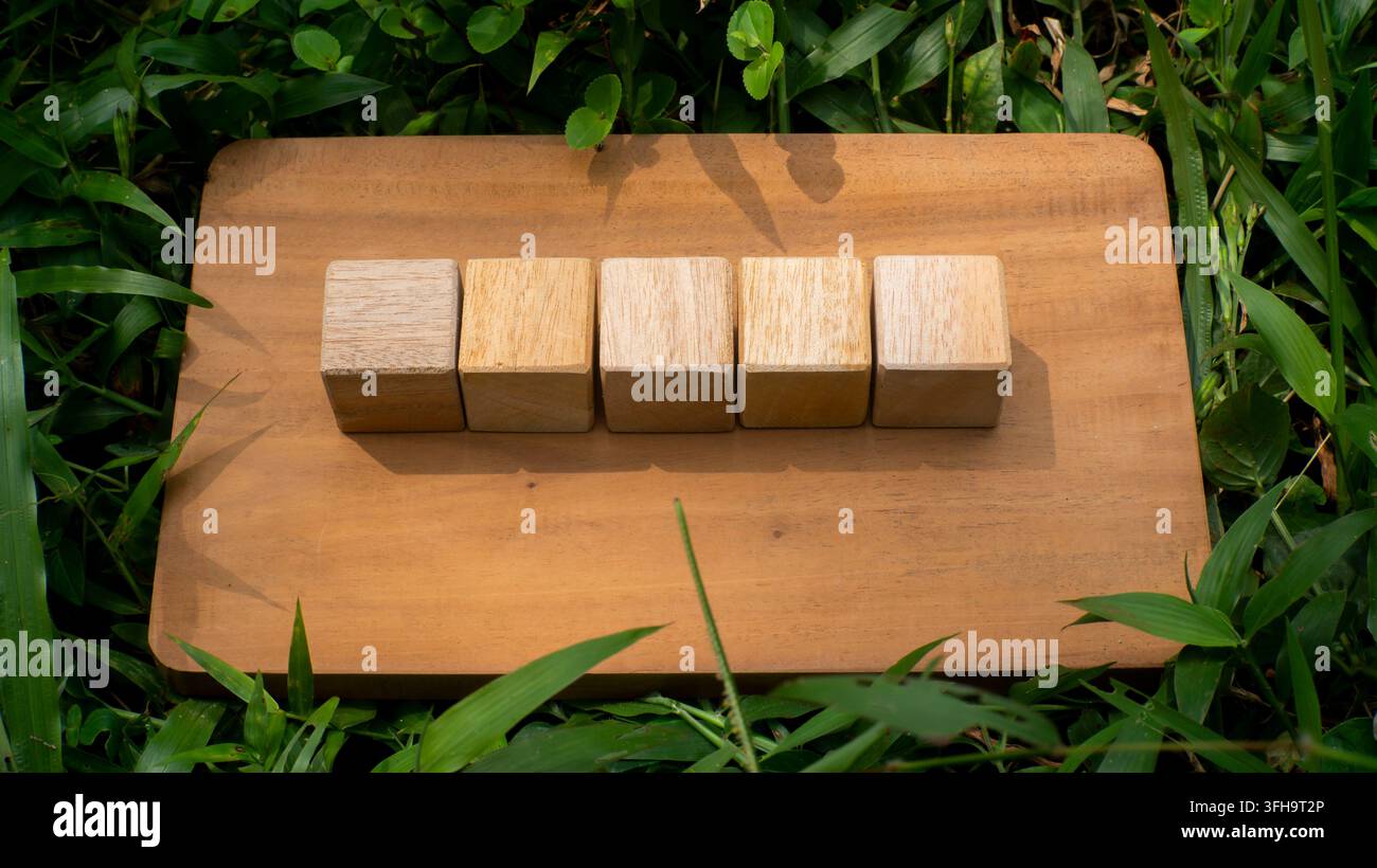 Five Wooden Blocks Aligned on Rustic Wooden Board Flat Lay Concept Stock Photo
