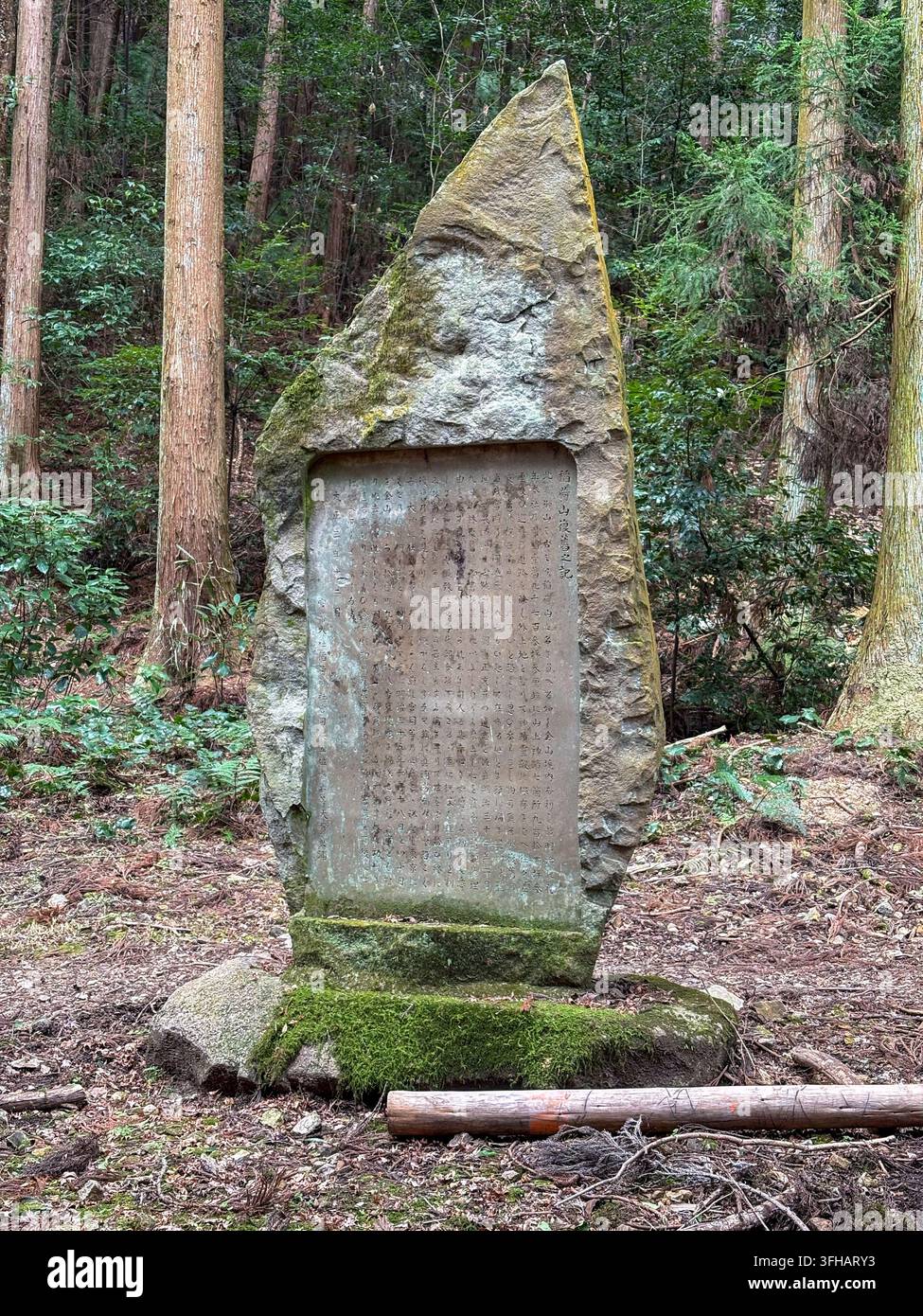 Ancient stone stele monument with engraved Japanese text set in a forested area on Mount Inari at Fushimi Inari Taisha in Kyoto, Japan. - Smartphone Captured Stock Image