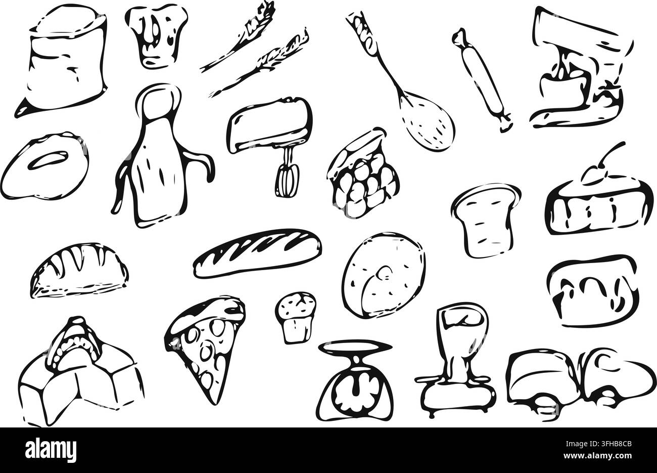 Hand Drawn Bakery Kitchen Outline Set Stock Vector