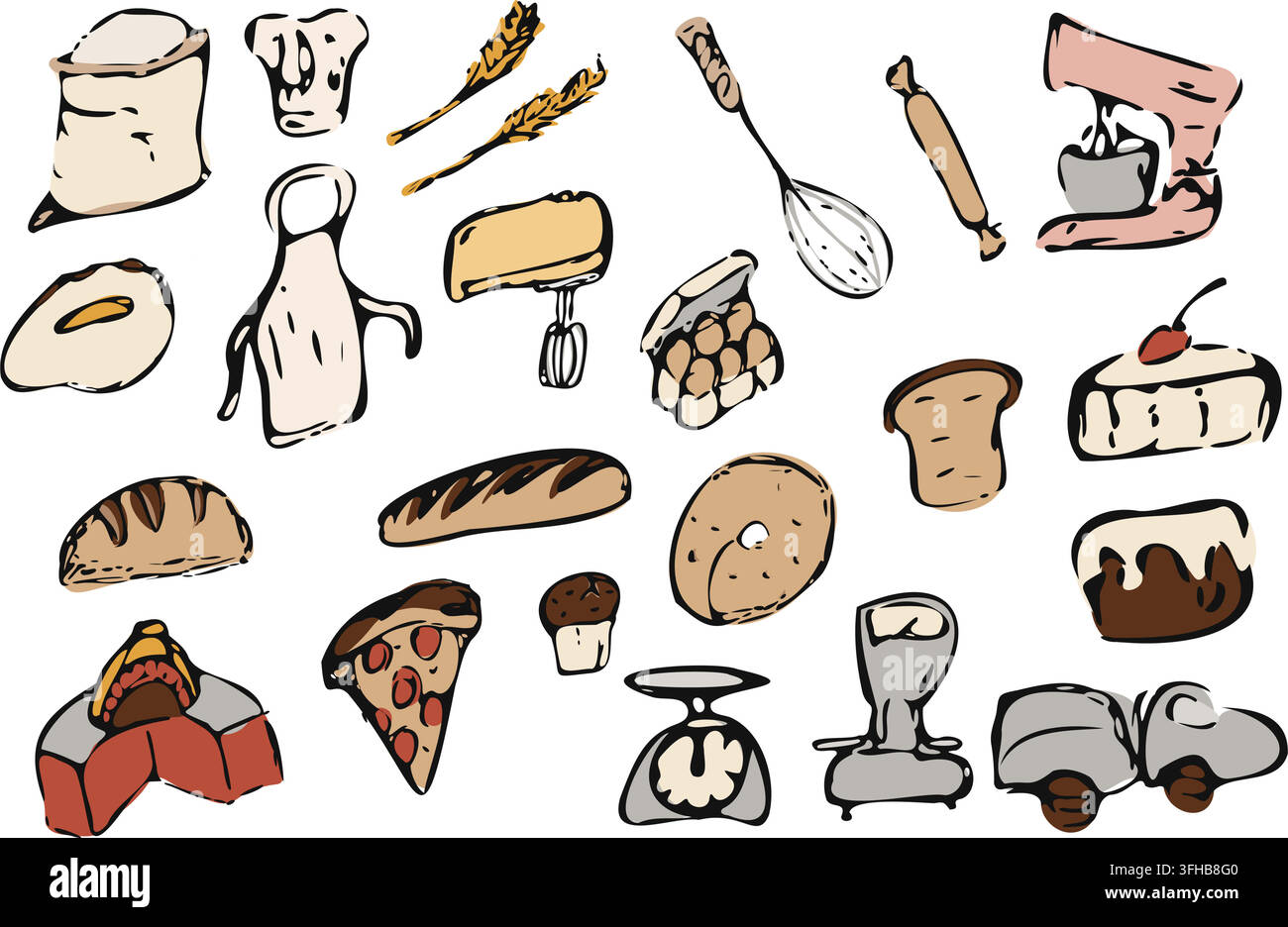 Hand Drawn Bakery Kitchen Color Set Stock Vector