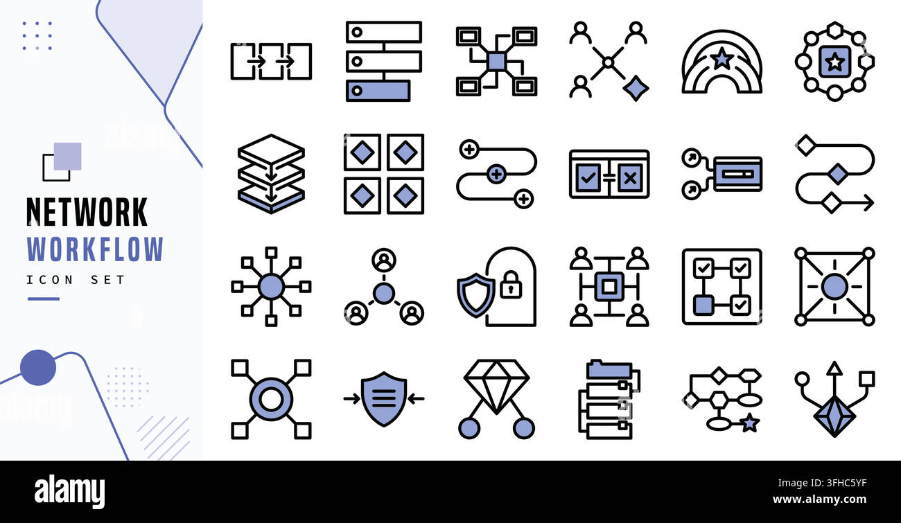 Network workflow icon set for data connectivity and technology process concept Stock Vector