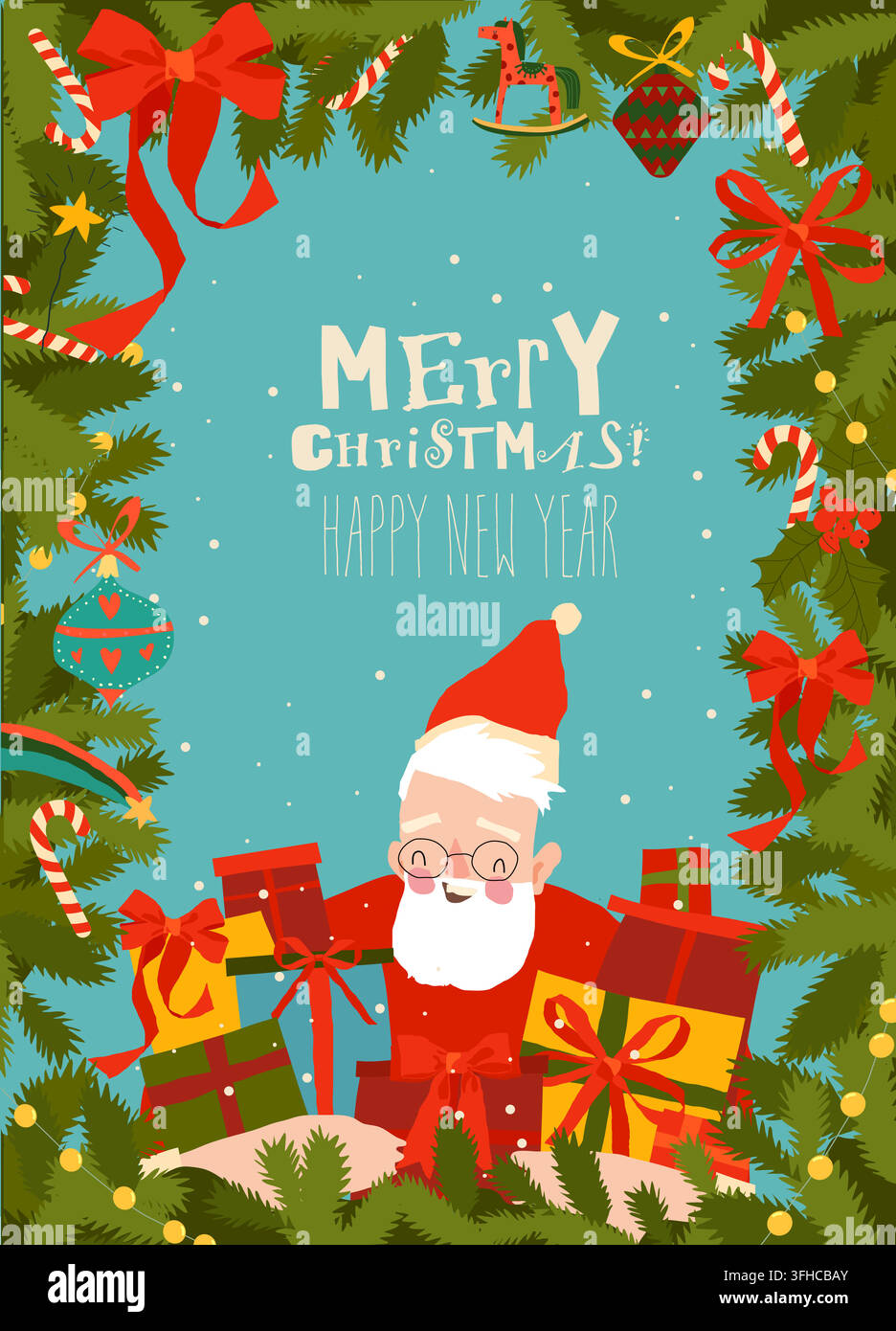 Santa Claus holding Gifts in Frame with Christmas Tree Stock Vector