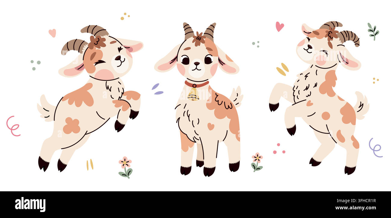 Cute cartoon goat character set with three adorable farm animals in different poses, pastel colors, horns and bell, isolated on white background Stock Vector