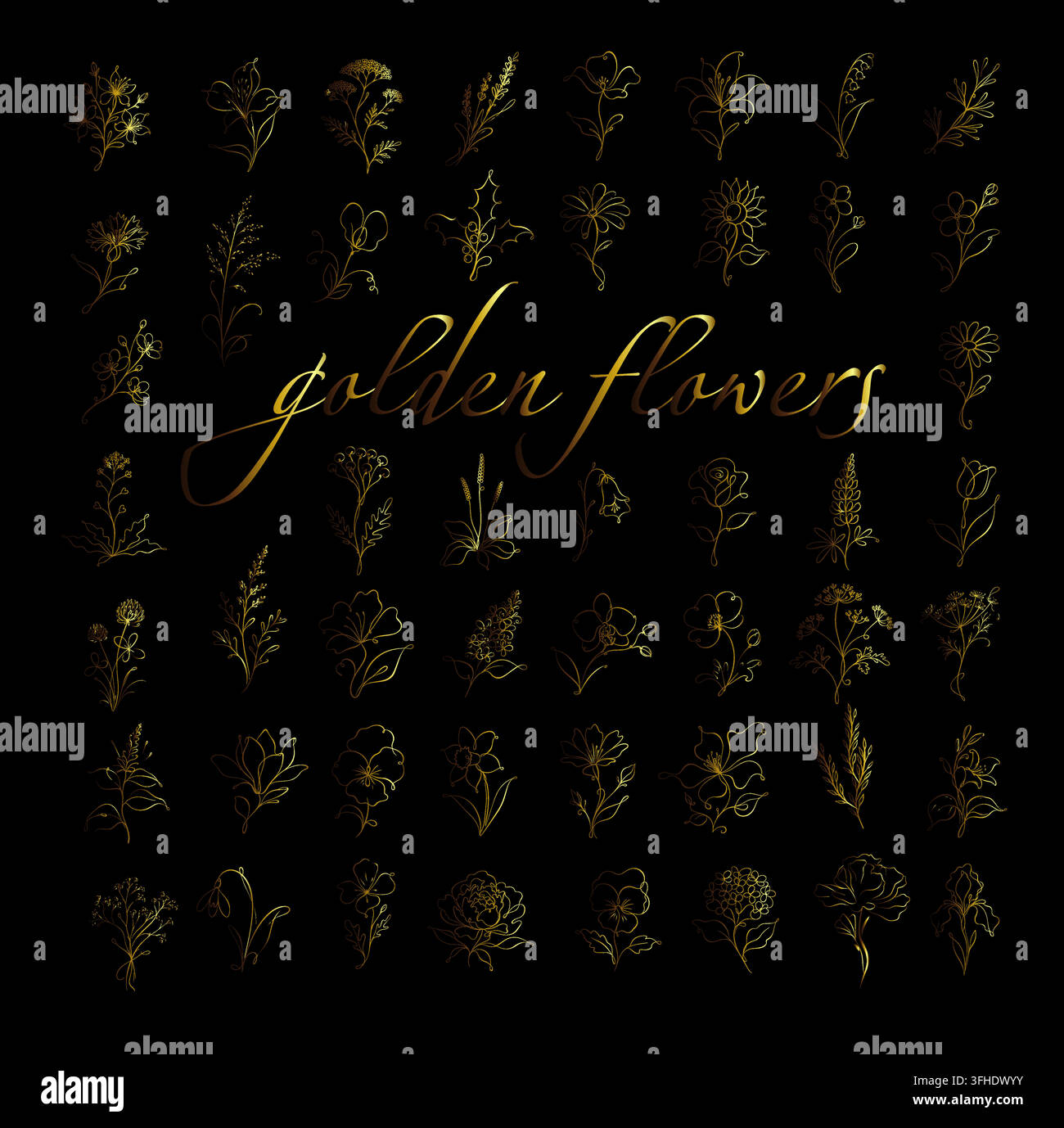 Golden flowers set. Vector illustration Stock Vector