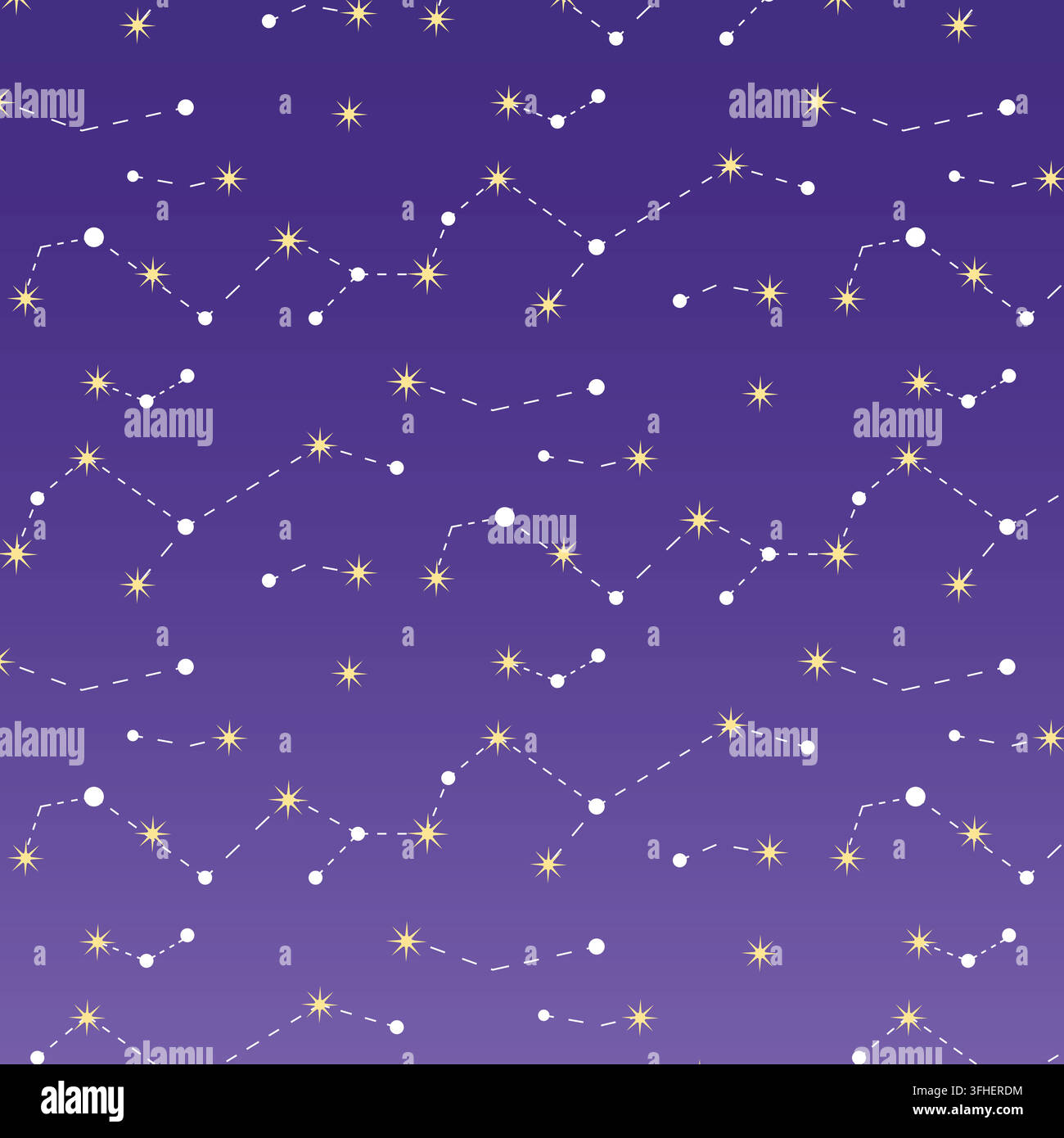 Futuristic constellation and starry night seamless pattern on purple background Stock Vector