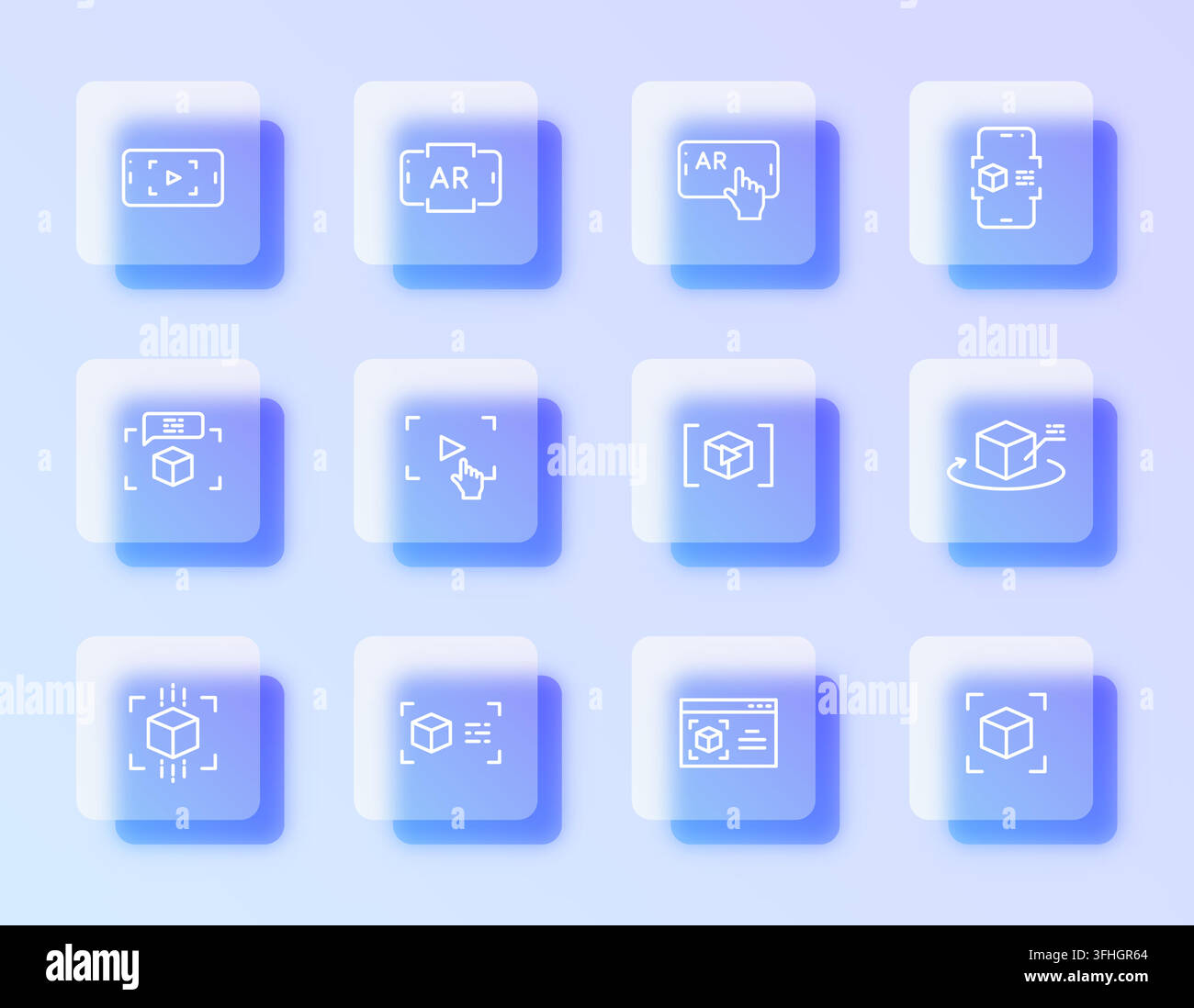 A vector icon set featuring augmented reality concepts, designed with a modern glassmorphism effect, showcasing various 3D object manipulation, AR int Stock Vector