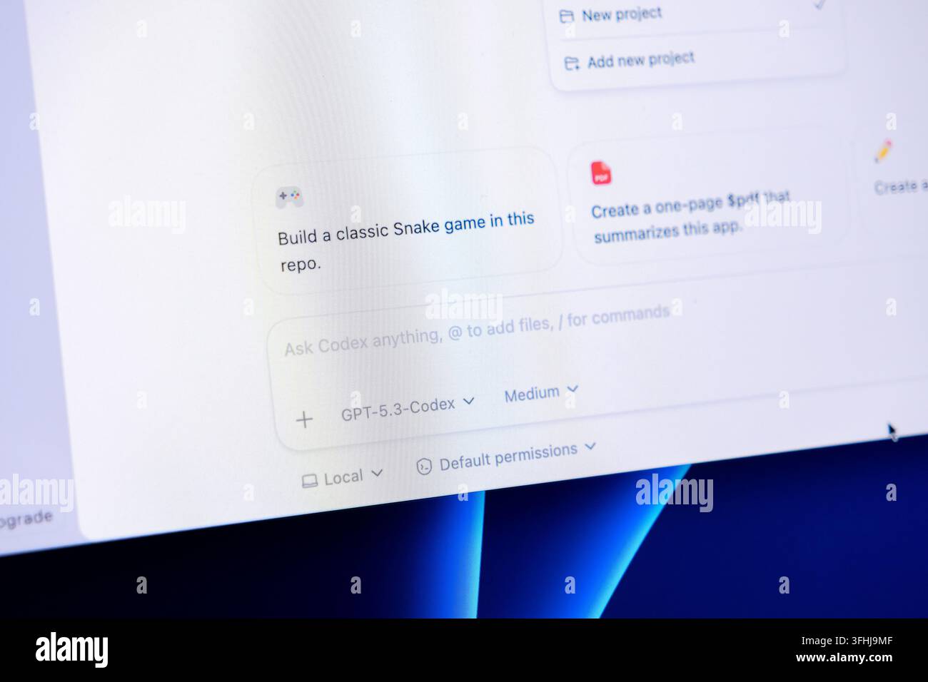 Poznan, Poland - February 23, 2026: Software developer screen displaying a Codex generative model query interface with automated coding prompts for cr Stock Photo