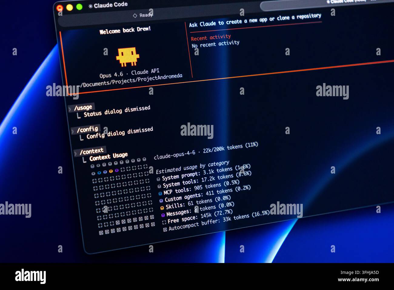 Poznan, Poland - February 9, 2026: Computer terminal screen showing a specialized coding tool with analytical data metrics for modern software develop Stock Photo