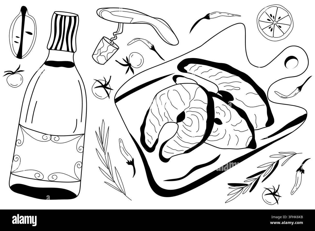 Fish and wine dinner composition Stock Vector
