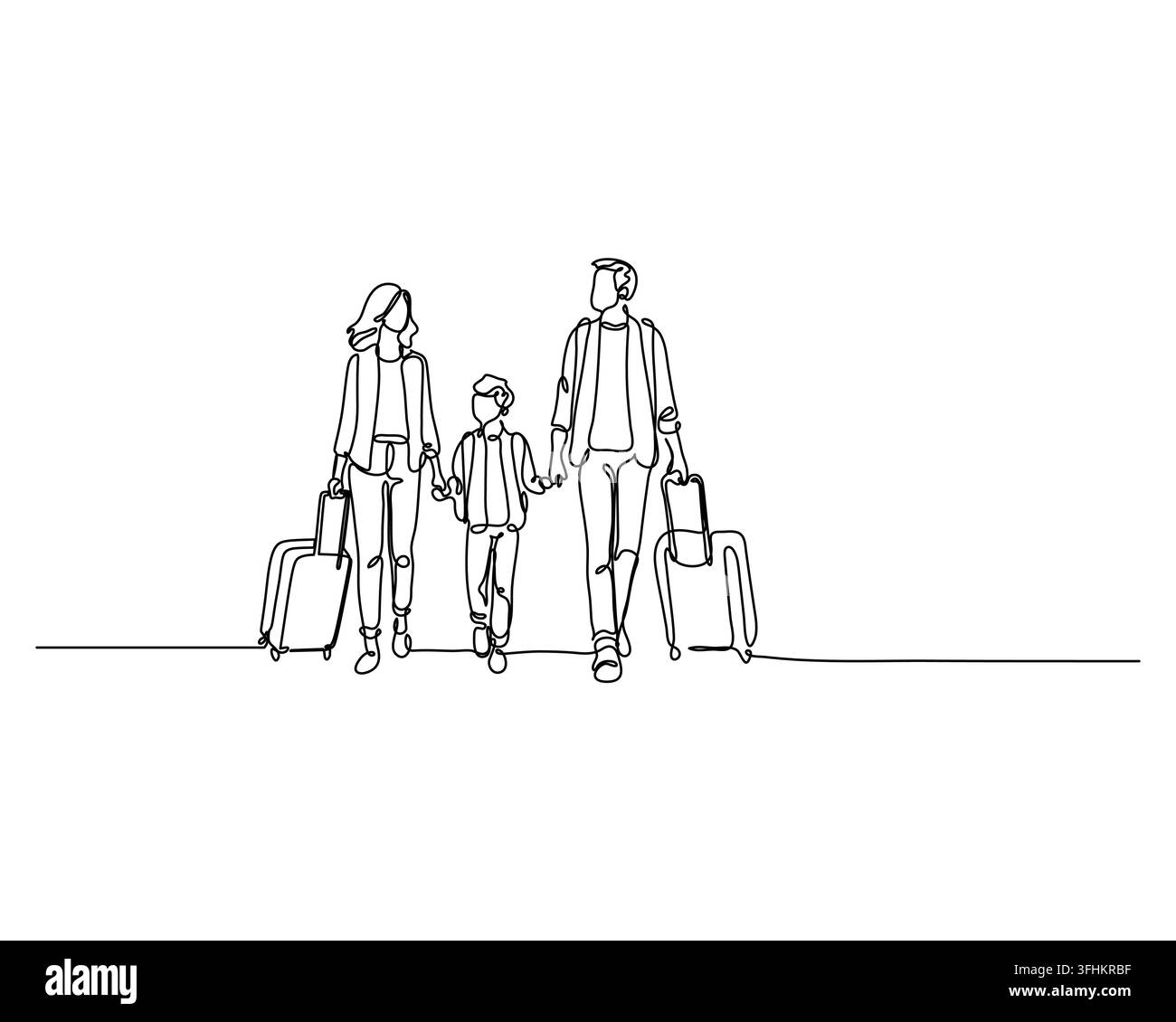 Family walking together with suitcases hand in hand in a continuous one line art drawing style representing travel and togetherness Stock Vector