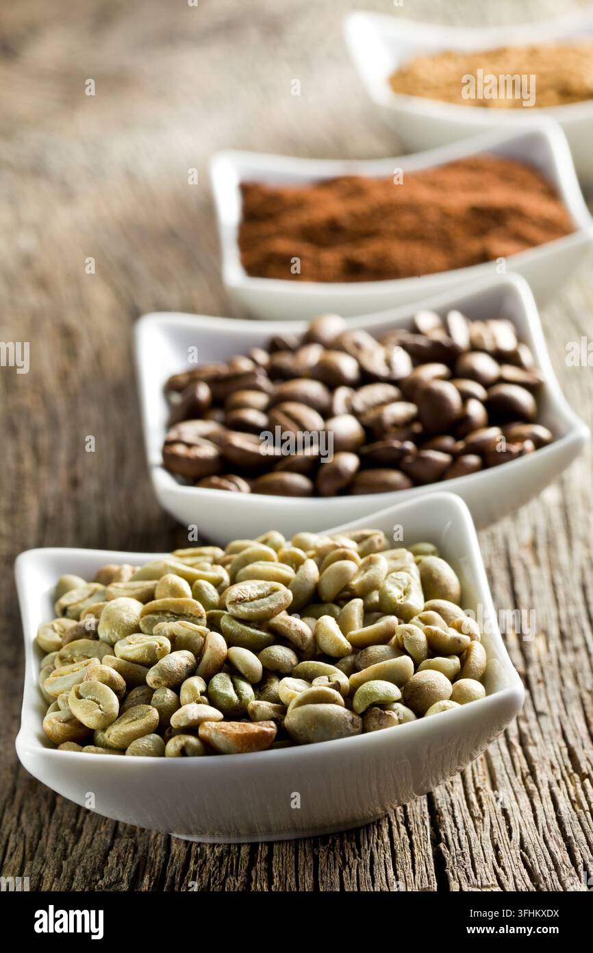Green, roasted, ground and instant coffee Stock Photo