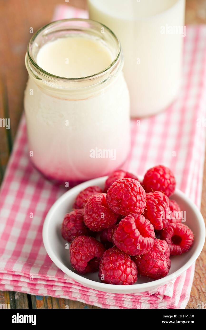Fruity yogurt in jar Stock Photo