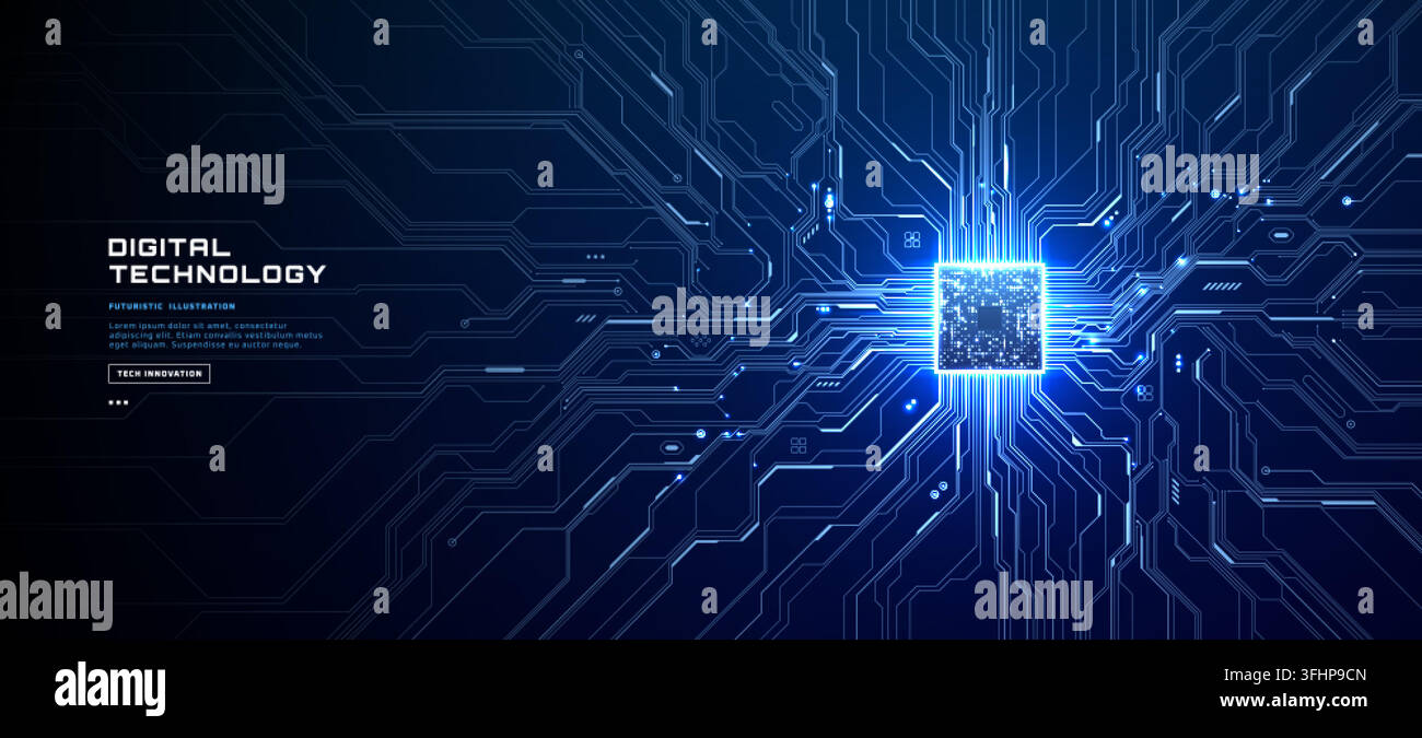 Futuristic motherboard with glowing microchip elements, quantum computing patterns, and electronic network connections on dark technological surface Stock Vector