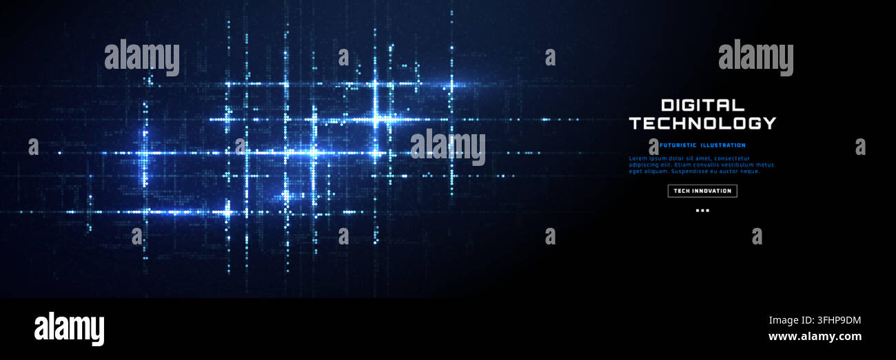 Digital pattern showcasing blue circuit grids, glowing dots, and tech elements for AI-driven innovation in modern electronic network systems Stock Vector
