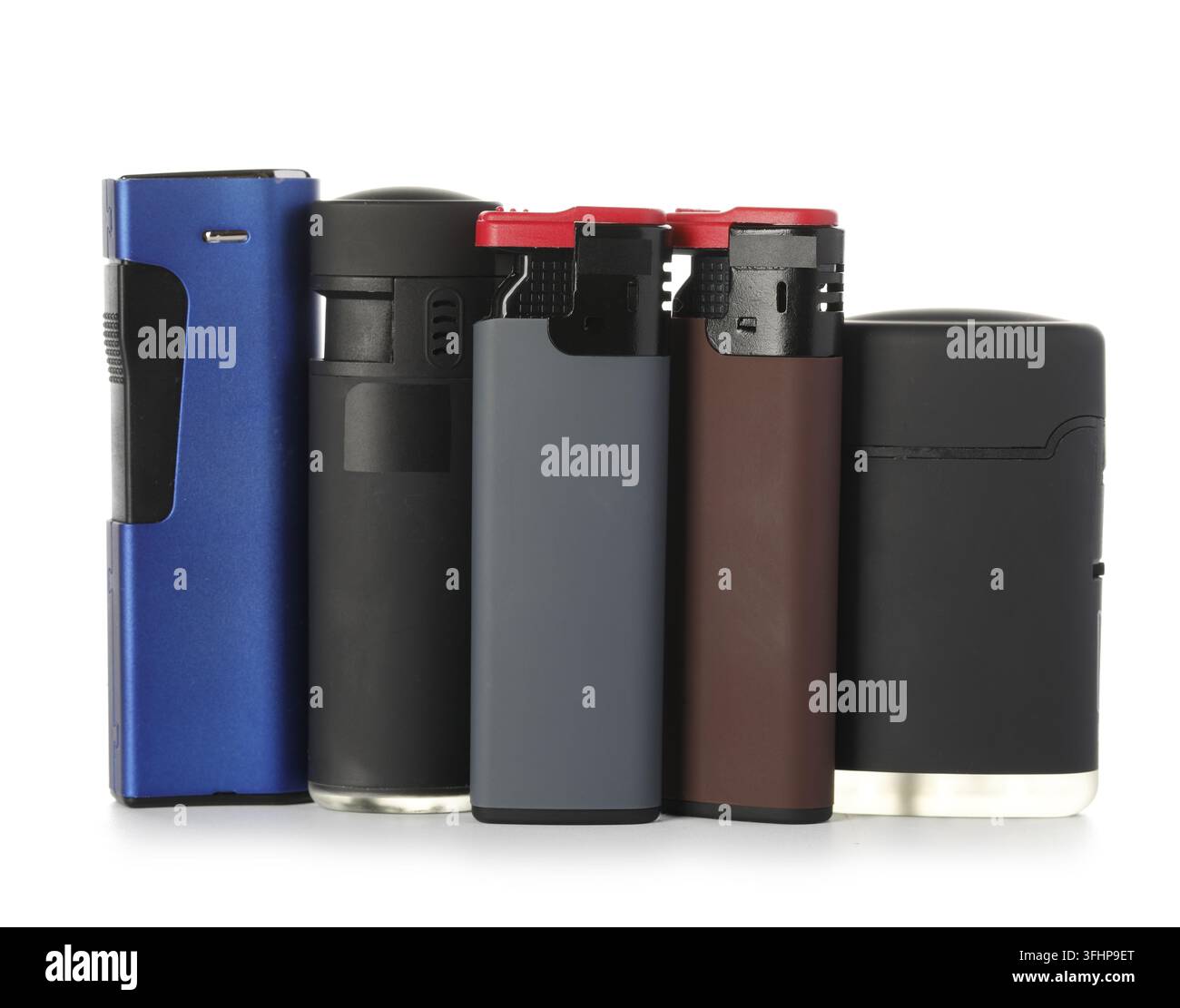 Many different gas lighters isolated on white Stock Photo