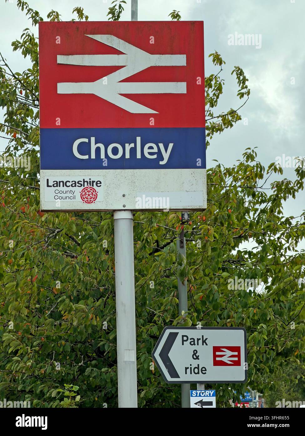 British Rail double-arrow station sign at Chorley railway station in Lancashire, north-west England. Stock Photo