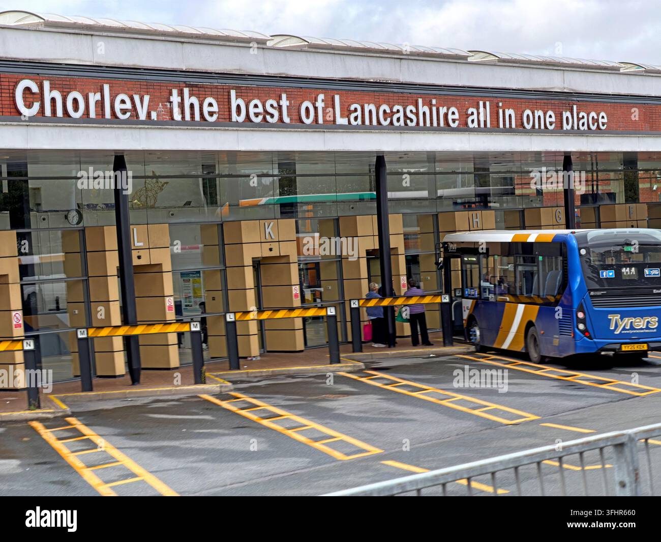 Chorley bus station entrance with 'Chorley, the best of Lancashire all in one place' branding, Lancashire. Stock Photo