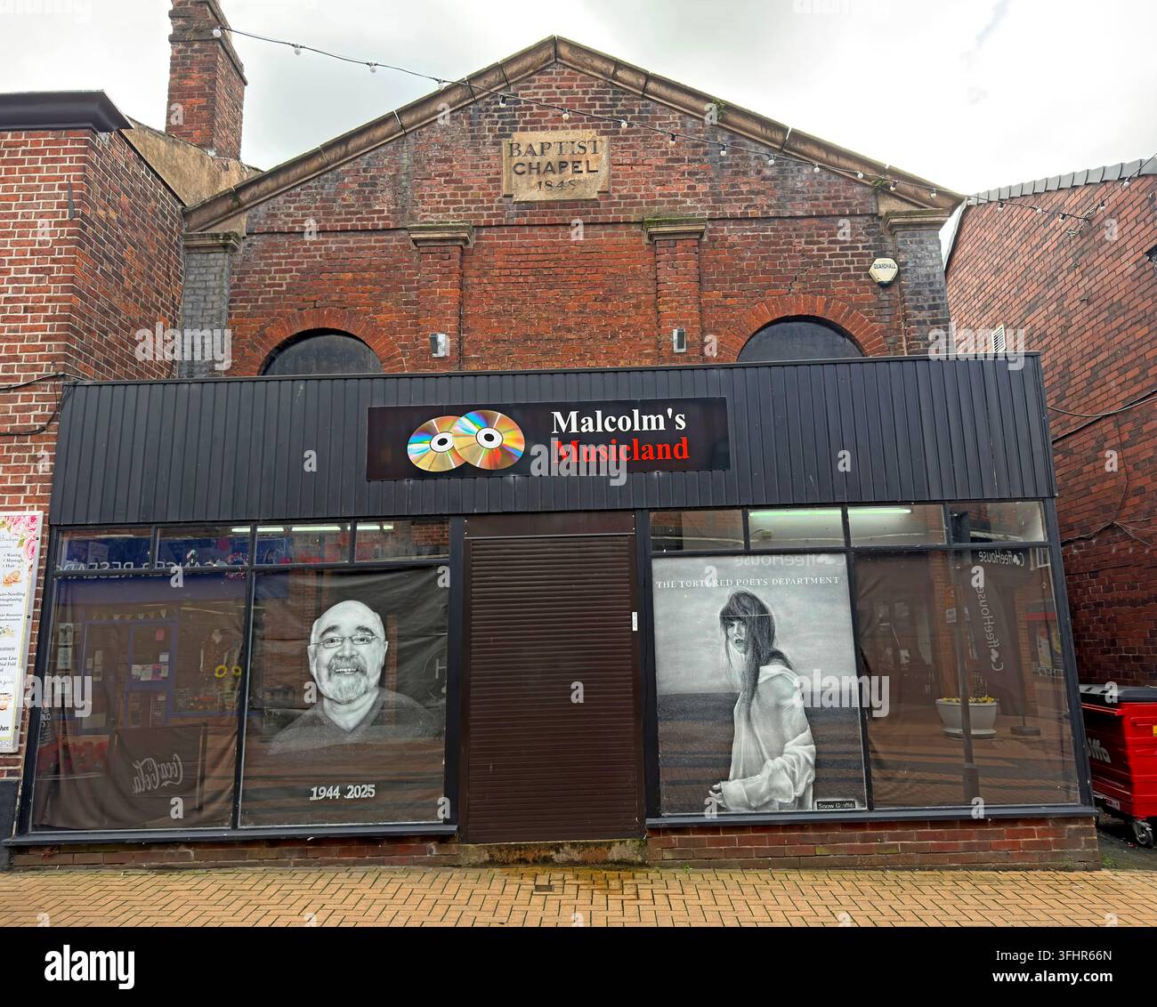 Malcolm's Musicland independent record shop in the former Baptist Chapel on Chapel Street, Chorley, Lancashire. Stock Photo