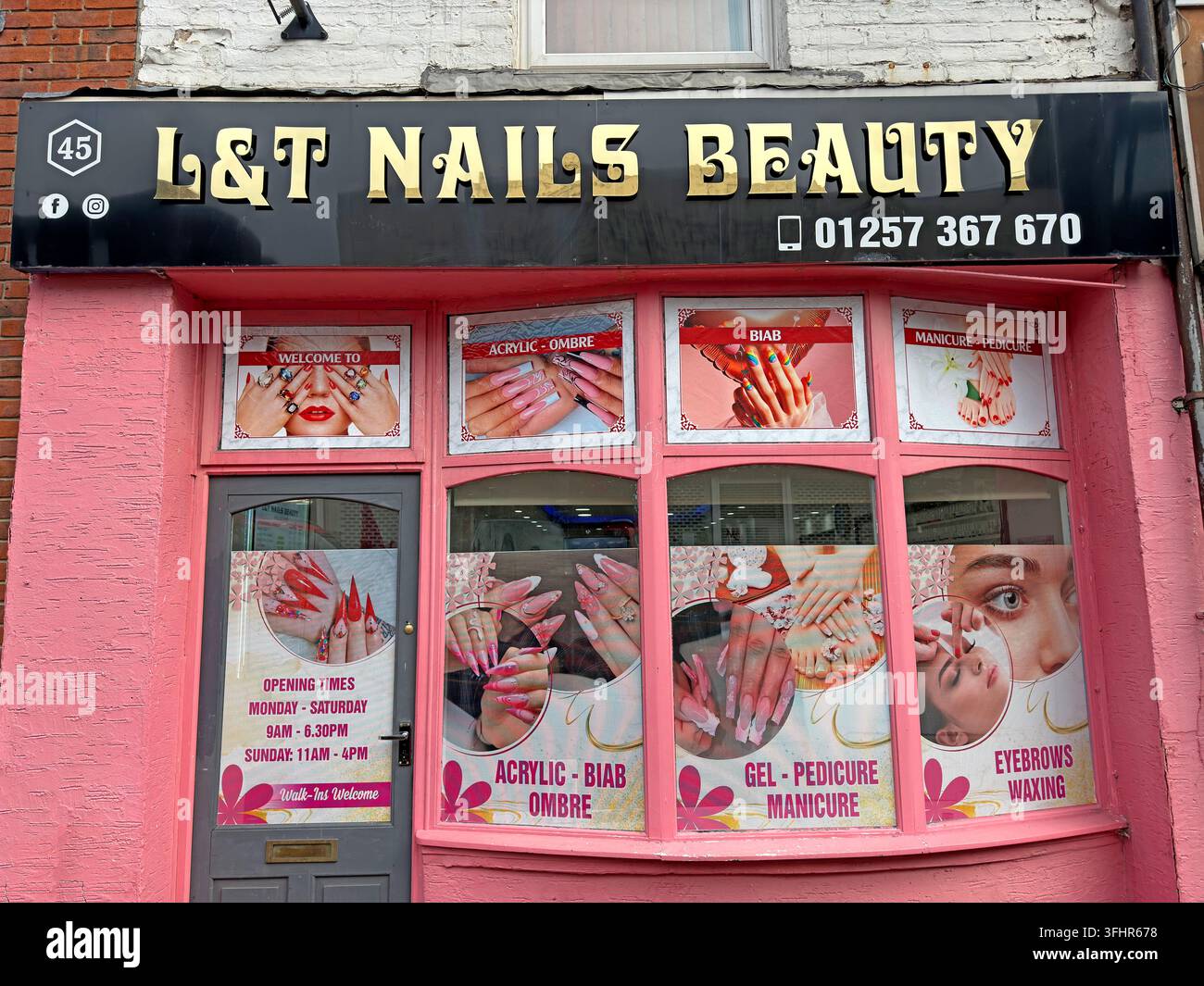 L&T Nails Beauty salon storefront at 45 Market Street in Chorley town centre, Lancashire, England. Stock Photo