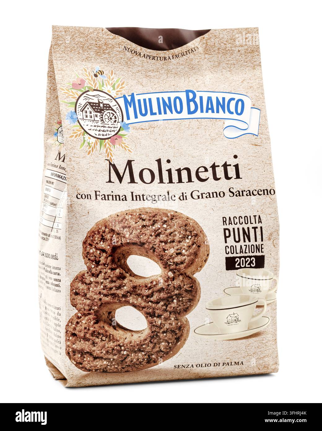 Barilla Mulino Bianco Molinetti, pack of biscuits, Italian product on a white background Stock Photo