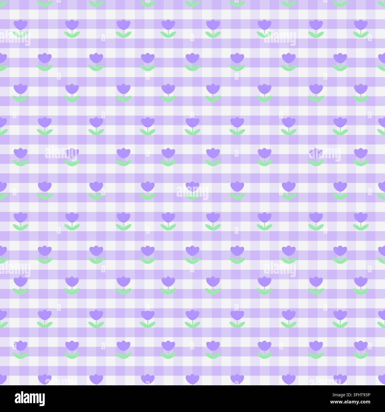 Cute seamless pattern with purple tulip flowers and green leaves on a soft lavender gingham background. Sweet floral design for fabric, wallpaper and Stock Vector