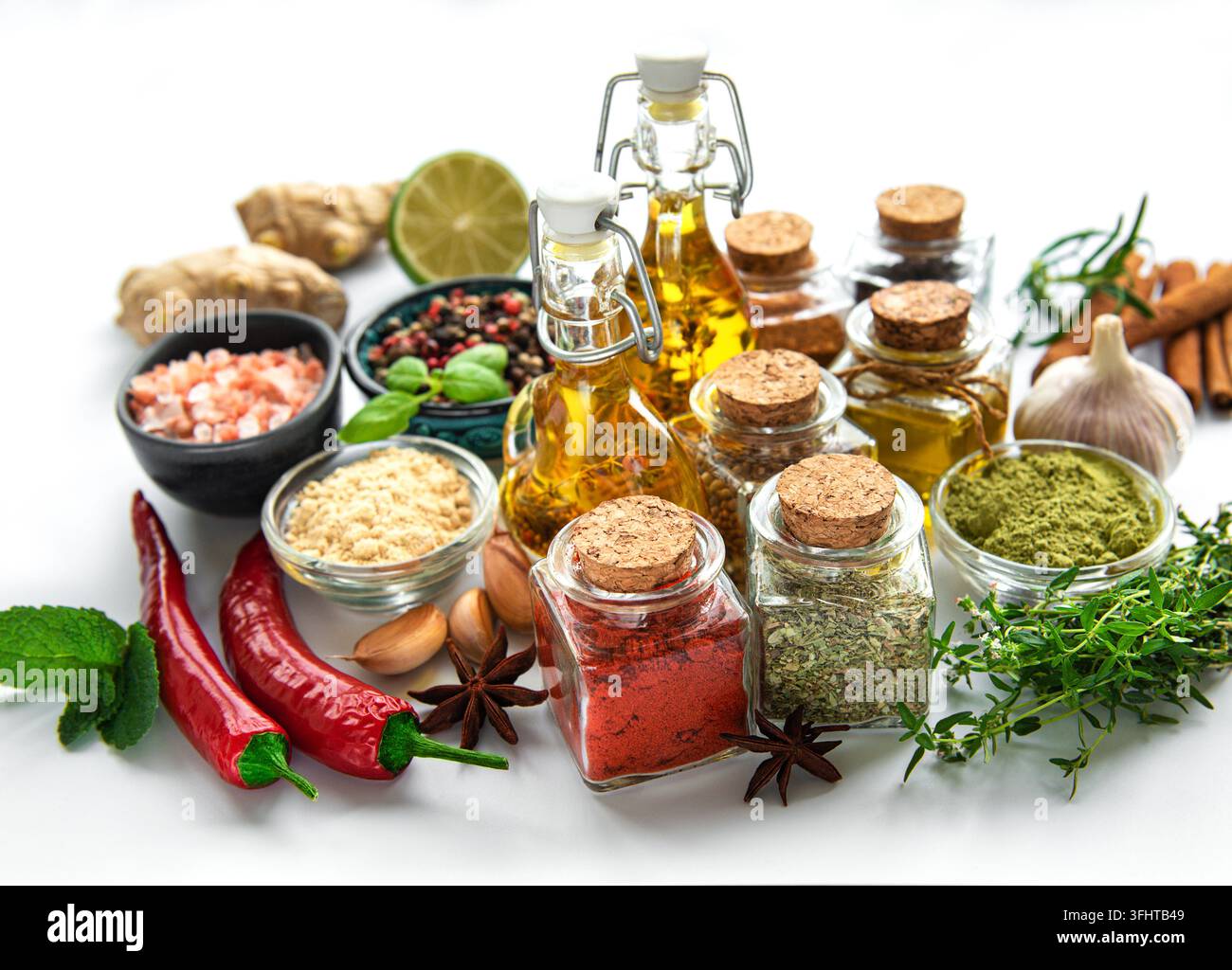 Various spices isolated on white background, top view Stock Photo