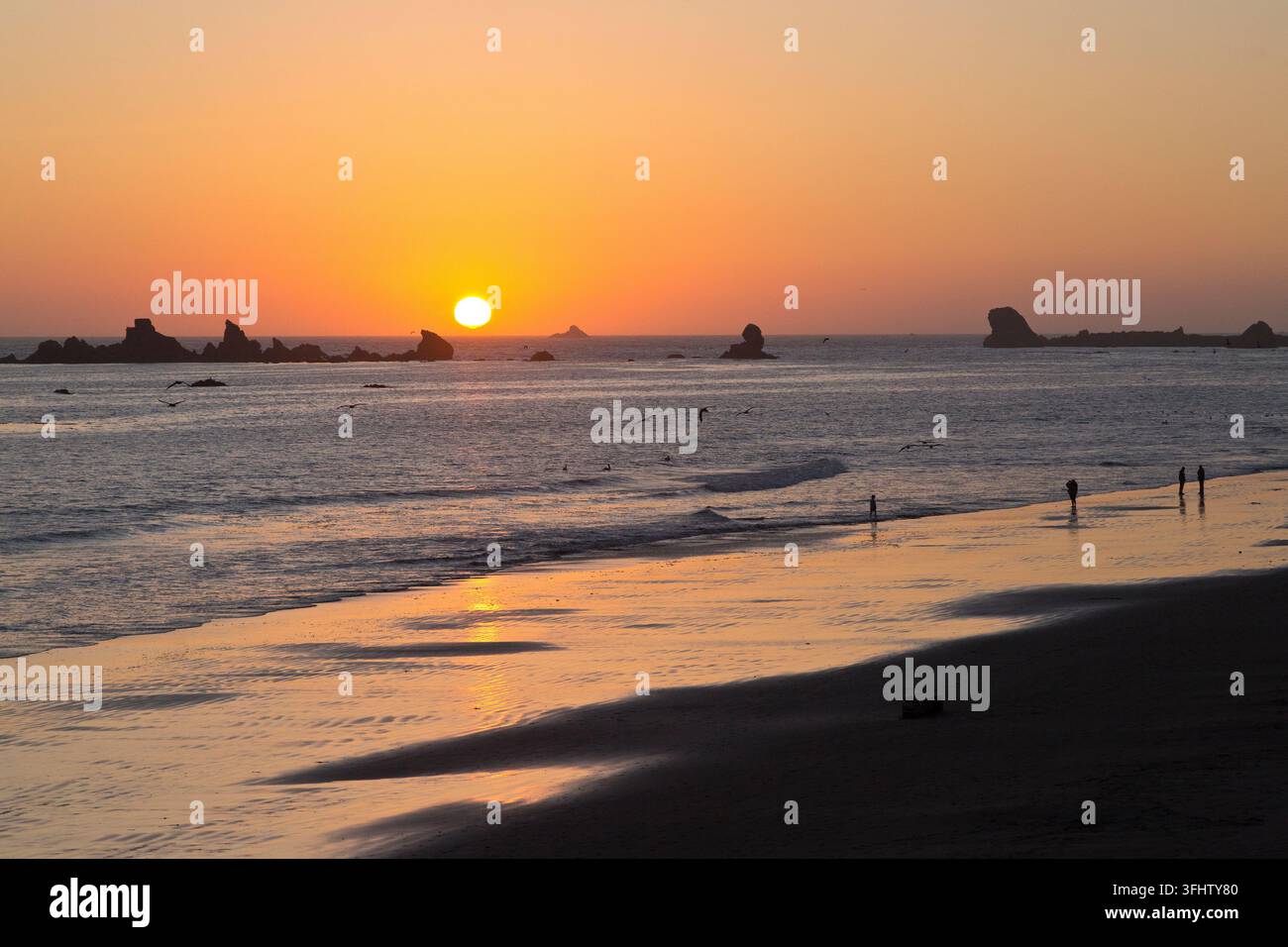 Sunset, overlooking Pacific North Coast, low tide, rock islands, people ...