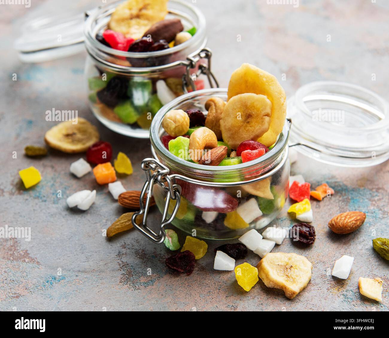 Various dried fruits and mix nuts Stock Photo